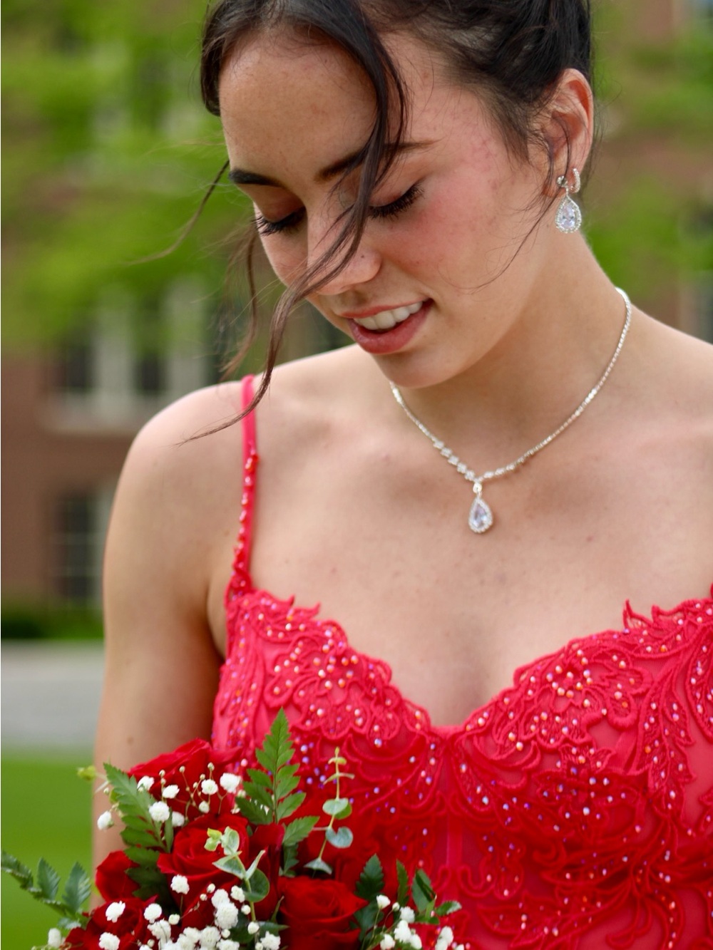 Elegant Red/subtle hint of pink Beaded Spaghetti Strap Dress
